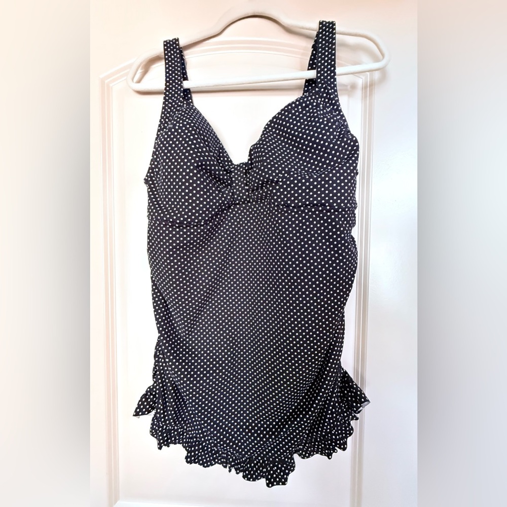 Lands' End Woman’s Black and White Polka Dot Tankini Top Baby Doll Retro Goth